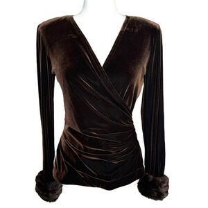 Cache x Tadashi Brown Velvet Faux Fur Cuff Wrap Top Vintage 90s Y2K S/M